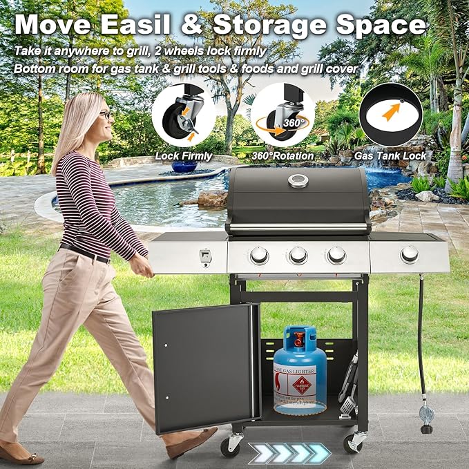 MELLCOM Upgraded 36000 BTU Stainless Steel Burner Barbecue Grill 3 Burner BBQ Propane Gas Grill with Cast Iron Grates &amp Side Stove for Patio Camping Outdoor Cooking