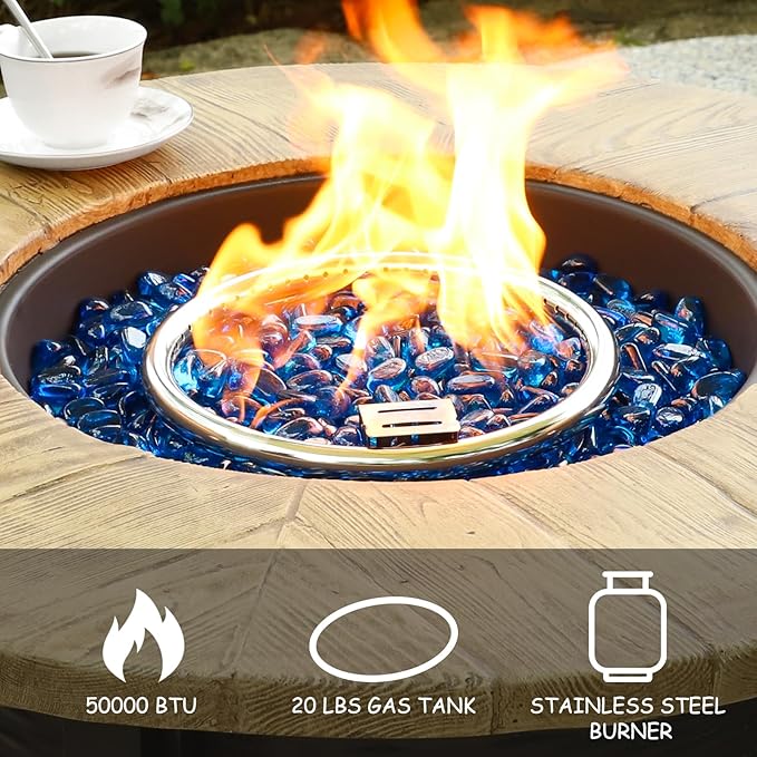 30 Inch Round Propane Fire Pit Table50000 BTU Iron Gas Fire Pit with LidIgnition Systemsw/Glass Stones and Rain CoverOutdoor Firepit Table for Patio &amp Deck