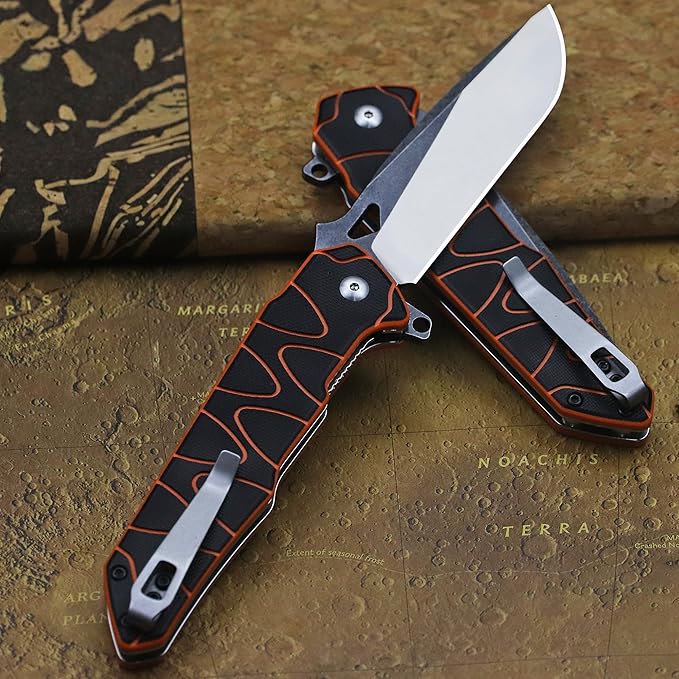 WPKOPYA 8.4in Folding Knife AUS-8 Steel Blade G10 Handle with Anti-Slip Texture Ball Bearing Pivot Stonewashed Finish EDC Pocket Knife for Camping Hiking Survival (AUS-8 (G10 black/orange))