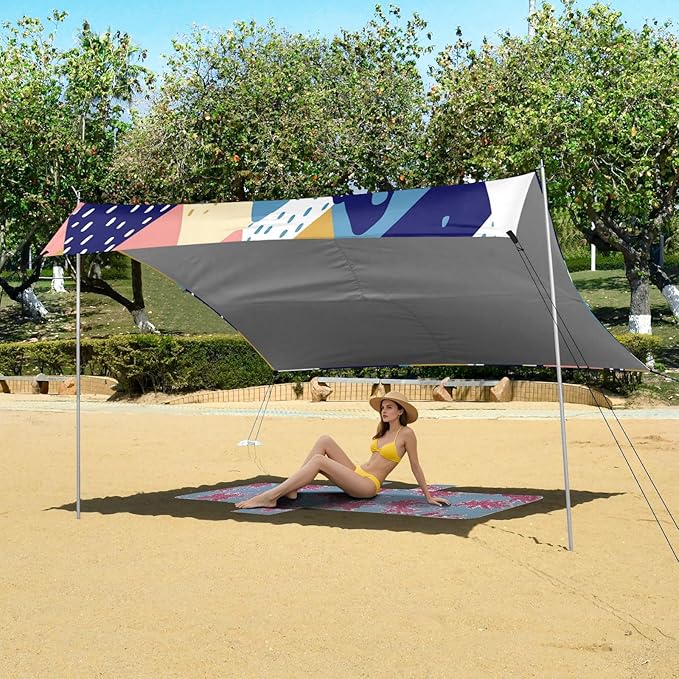 Beach Canopy with Windproof Ropes &amp Sandbags Beach Tent Sun Shade Sun Shelter for Camping Trips Fishing Backyard Fun or Picnics Mountain