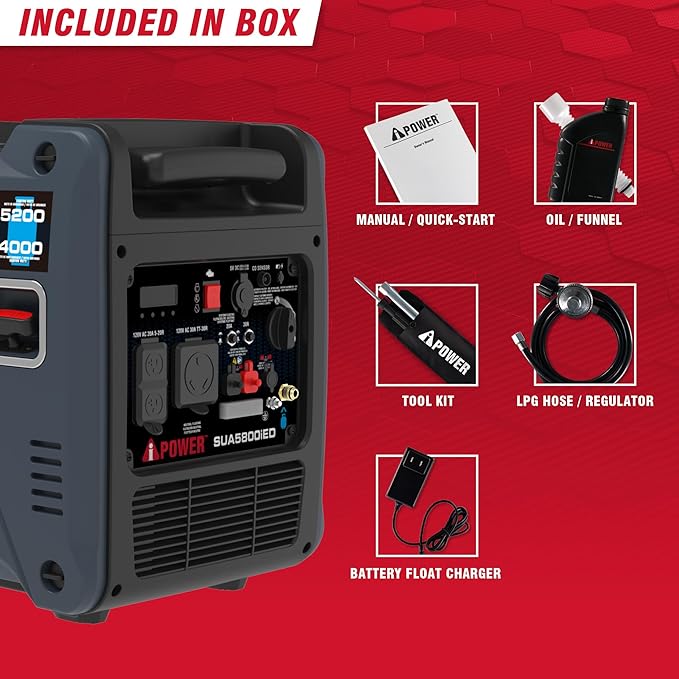 A-iPower 5800-Watt Dual Fuel Quiet Portable Inverter Generator Electric Start RV Ready EPA &amp CARB Compliant CO Sensor With Telescopic Handle For Backup Home Use Tailgating &amp Camping (SUA58