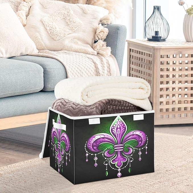 Storage Baskets with Lids Collapsible Bins Stackable Mardi Gras Fabric Linen Baskets Closet Organizer Container 16.5x12.6x11.8