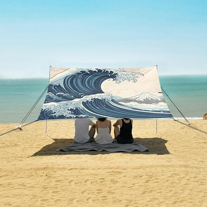 Beach Canopy with Windproof Ropes &amp Sandbags Beach Tent Sun Shade Sun Shelter for Camping Trips Fishing Backyard Fun or Picnics Waves