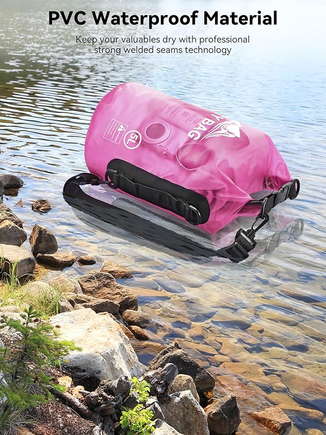 HEETA Waterproof Dry Bag with Phone Case Bundled with Upgraded Version with Emergency Whistle for Women Men Roll Top Lightweight Dry Storage Bag Backpack (Pink 5L)