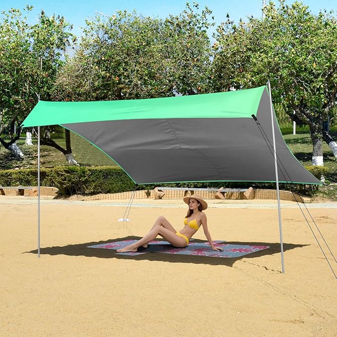 Green Gradient Beach Cabana UPF50+ Easy Setup Portable Sun Shelter with Sandbags and Shovel for Backyard and Camping