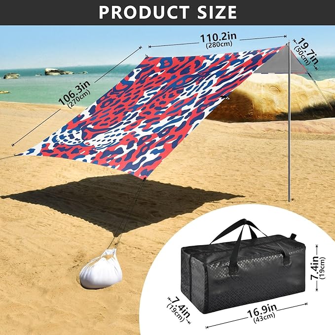 ALAZA Red &amp Blue Leopard Cheetah Print Beach Tent Sun Shelter UPF50+ Protection Beach Shade Canopy w/ 4 Sandbags for Outdoor Camping Fishing Backyard Fun Picnic 10x9 ft