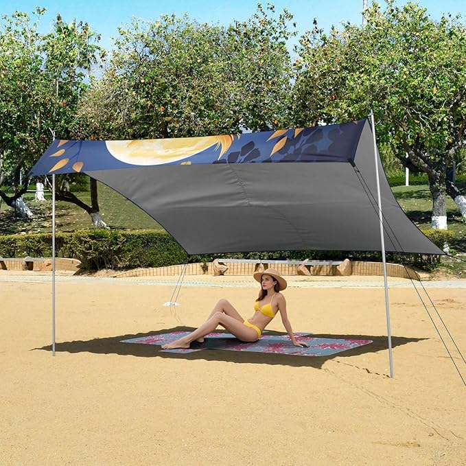 ALAZA Owl Starry Sky Moon Beach Tent Sun Shelter UPF50+ Protection Beach Shade Canopy w/ 4 Sandbags for Outdoor Camping Fishing Backyard Fun Picnic 10x9 ft