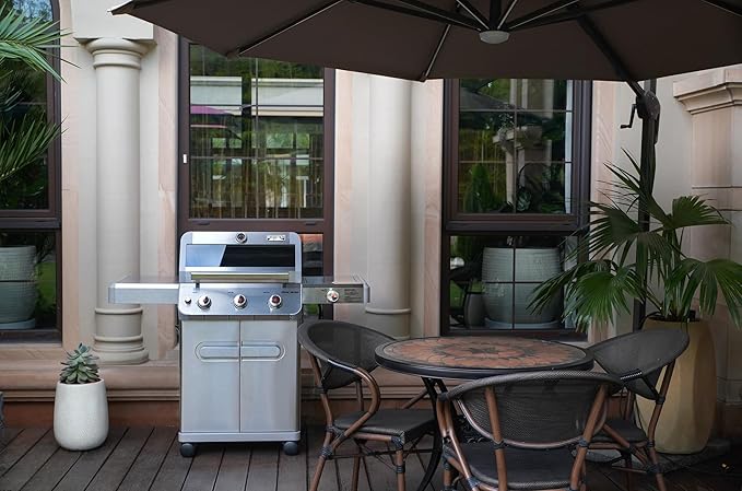 Monument Grills Outdoor Barbecue Stainless Steel 3 Burner Propane Gas Grill 48000 BTU Patio Garden Grill with Side Burner and Knob Controls Mesa305 with BBQ Cover