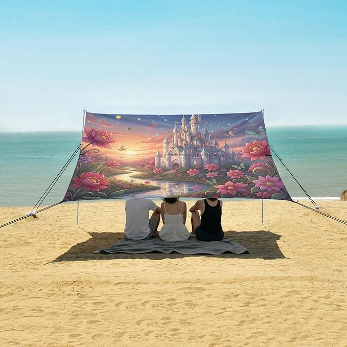xigua Castle Beach Tent Sun Shelter with Carrying Bag - Silver Coated Oxford Fabric Beach Canopy for Beach Camping Fishing - Includes Windproof Ropes Sandbags &amp Stakes