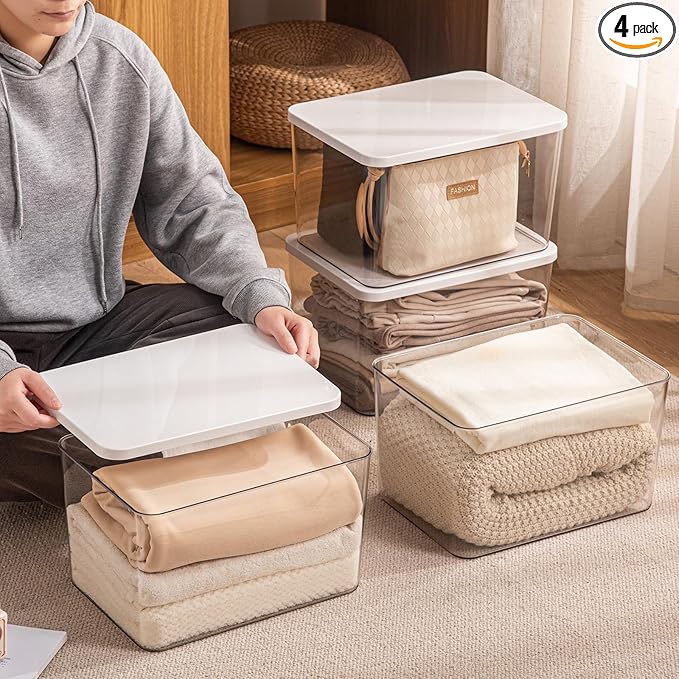 4-Piece SetPlastic Storage Bin with LidLarge Storage ContainersStackable Lidded Storage Boxes for Cabinets Clothes Toys Books (clear 4XL(with wihte lid))