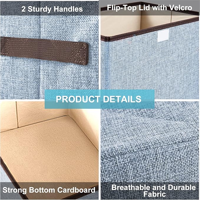 Bagnizer Foldable Storage Bins with Lids Decorative Storage Baskets Large Storage Boxes for Home Office Bedroom Closet Blue Medium 4 Pack 14.6 x 9.5 x 9.5”