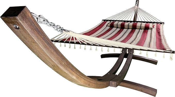 14 Ft. Wooden Arc Hammock Stand + Deluxe Quilted Double Padded Hammock Bed w/Pillow. 2 Person Bed. 450 LB Capacity(Coffee Stain/Elegant Red Stripe)