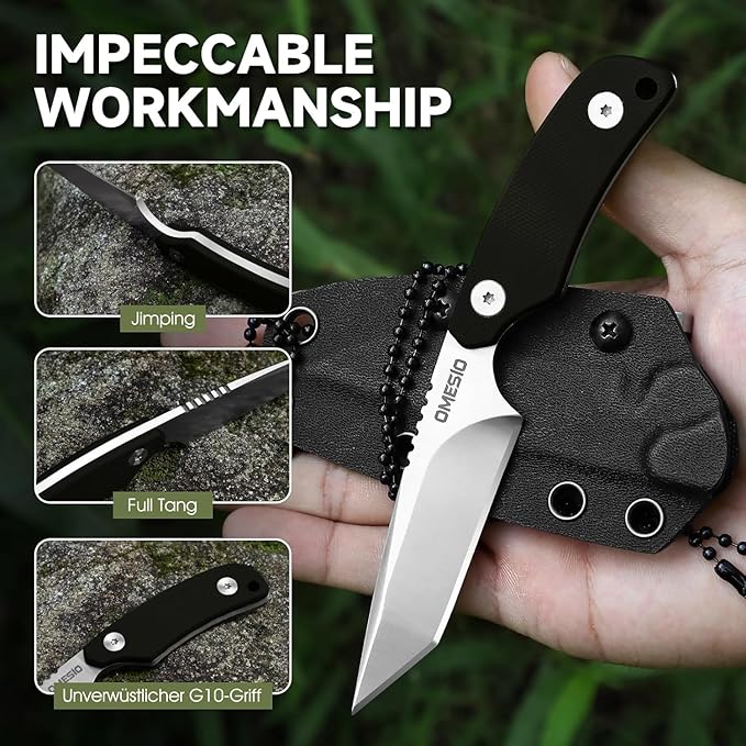 Omesio Tanto Neck Knife Small Fixed Blade Knife with Kydex Sheath and Clip Full Tang 6 Neck Knife with Sheath and Necklace Mini Tactical EDC Knife D2 Steel G10 Handle(White Steel+ Black Handle)