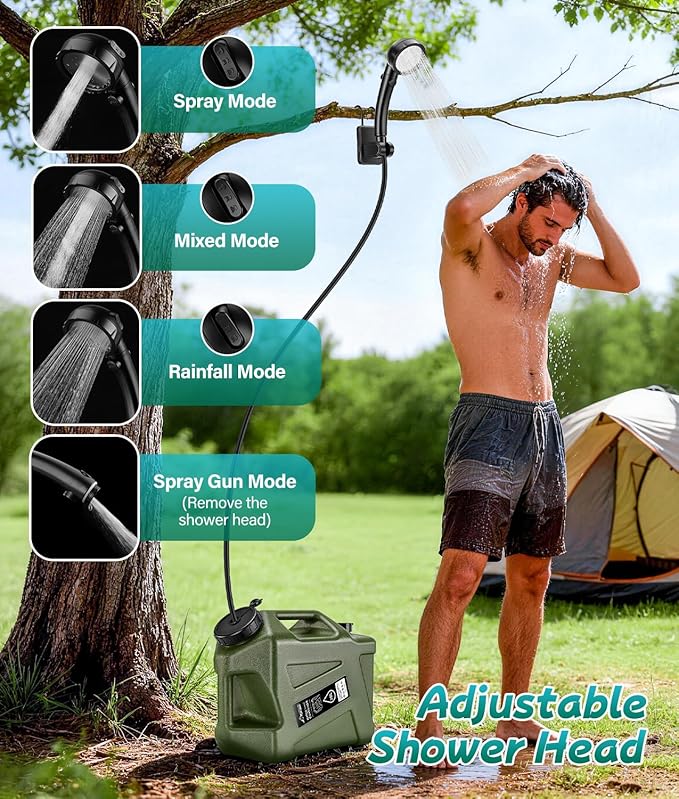 2026 Portable Shower for Camping with 5-Gallon Water Jug Rechargeable Camping Shower Food Grade Material Water Containers for Fruit &amp Vegetables Wash Integrate Design for Outdoors Hiking