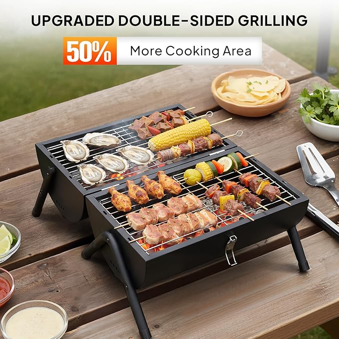 VINGLI Portable Double Sides Charcoal Grill Thermometer &amp Wooden HandleStorage Bag Multi-functional Metal Compact Tabletop BBQ Outdoor Charcoal Grill for Camping Travel Picnic Patio