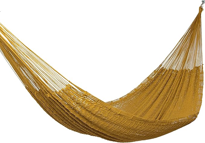 NOVICA Mustard Yellow Hand Woven Cotton Mayan 2 Person XL Rope Hammock with Hanging Accessories 'Maya Mustard' (Double)