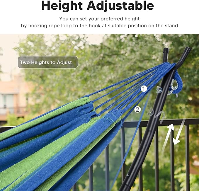 SUNCREAT Portable Outdoor Hammock with Stand Included Double Hammock with Stand for Outside Blue &amp Green Stripes