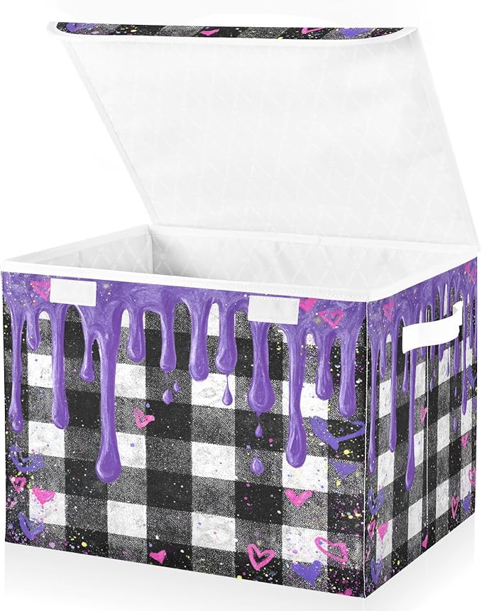 Storage Bins With Lid Stackable Fabric Closet Organizer Clothing Storage Large Boxes For Closet Shelves Bedroom Ice Cream Melting Checkered Hearts