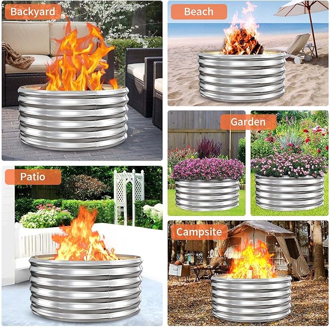 39 Inch Fire Pit Ring for Outside 17'' Tall Heavy Duty FirepitWood Burning DIY In Ground or Above-Ground Outdoor Heavy Duty Galvanized Steel Fire Pits for Backyard Bonfire Patio &amp Camping