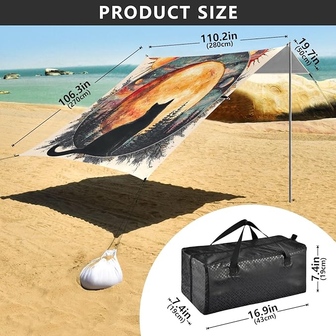 ALAZA Black Cat Moon Witch Beach Tent Sun Shelter UPF50+ Protection Beach Shade Canopy w/ 4 Sandbags for Outdoor Camping Fishing Backyard Fun Picnic 10x9 ft