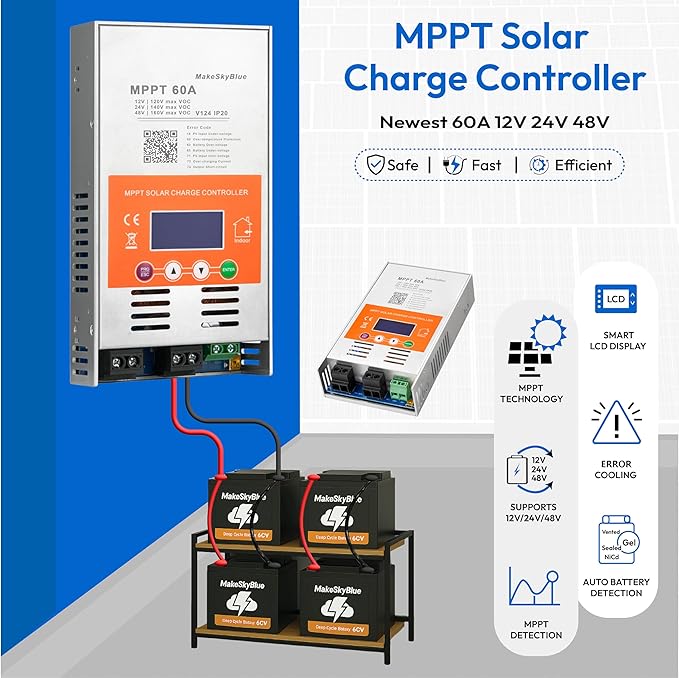 60A MPPT Solar Charge Controller V124 – Upgraded 12V/24V/48V Auto Detection Supports Lead-Acid &amp Lithium Batteries Max 160V PV Input