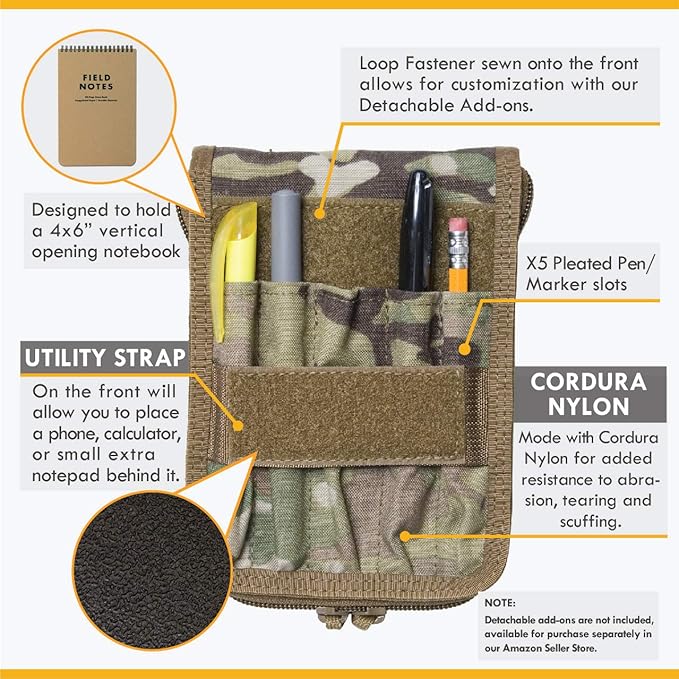 Tactical 4x6 Notepad Cover System Zippered with 4 Pleated Pen/Marker Slots | Fits Notepad 4x6 in Size