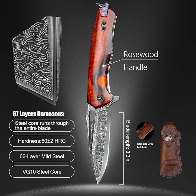 Damascus steel multifunctional EDC folding knife with self assembling pocket clip lining lock leather sheath one piece disassembly pocket knife