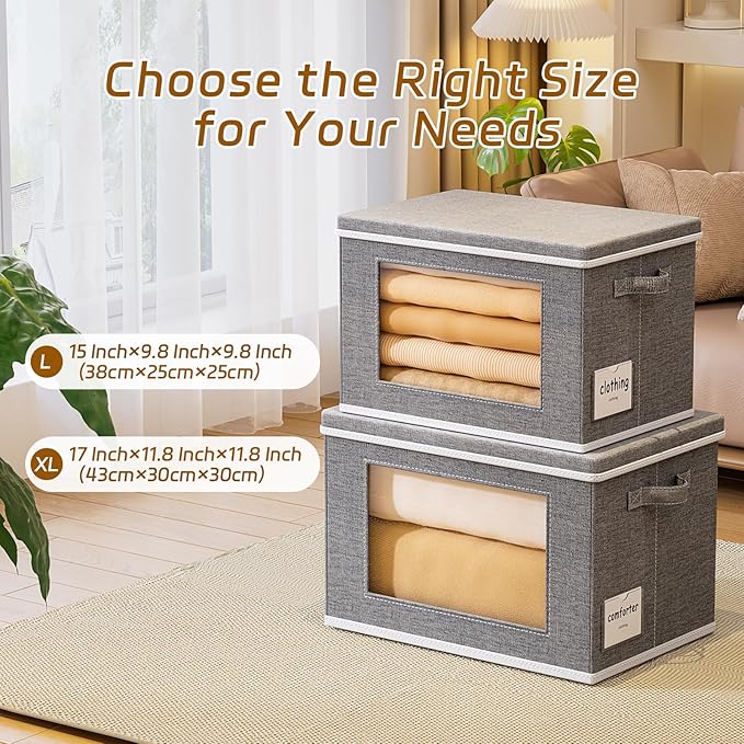 4-Pack Fabric Storage Bins with Lids Collapsible Closet Storage Bins with Clear Window Large Storage Boxes with Handles Closet Organizers for Shelves Wardrobe Grey 17X11.8×11.8