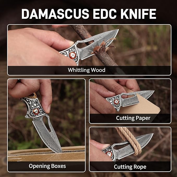 Damascus Pocket Knife with Wooden Handle Sharp 3.54 Damascus Steel Blade Folding Knives for EDC Outdoor Camping Hiking Collection