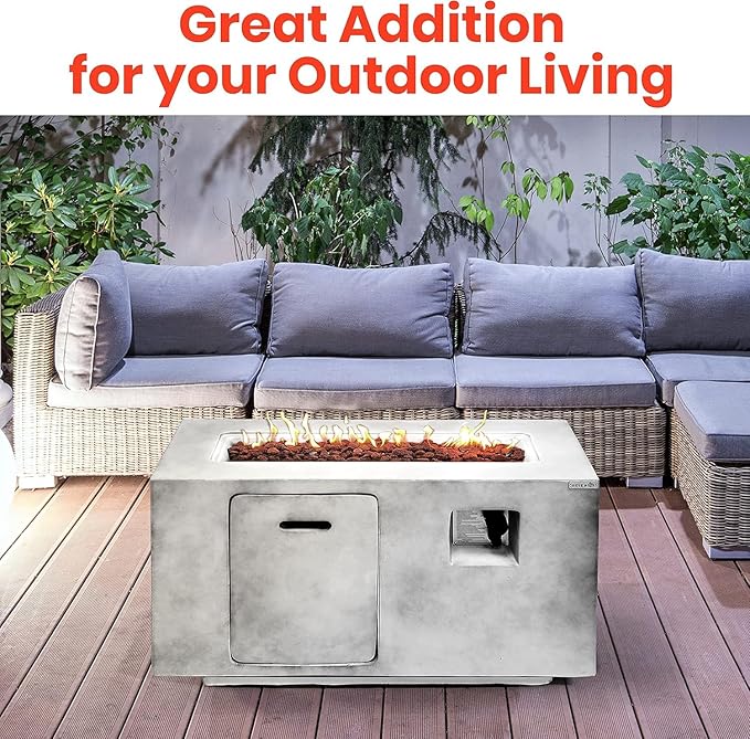 SereneLife Concrete Outdoor Propane Fire Pit Table - CSA/ETL Certified Safe 50000BTU Pulse Ignition Weatherproof Square Propane Gas Fire Table - Adjustable Flame Thermocouple - PVC Cover