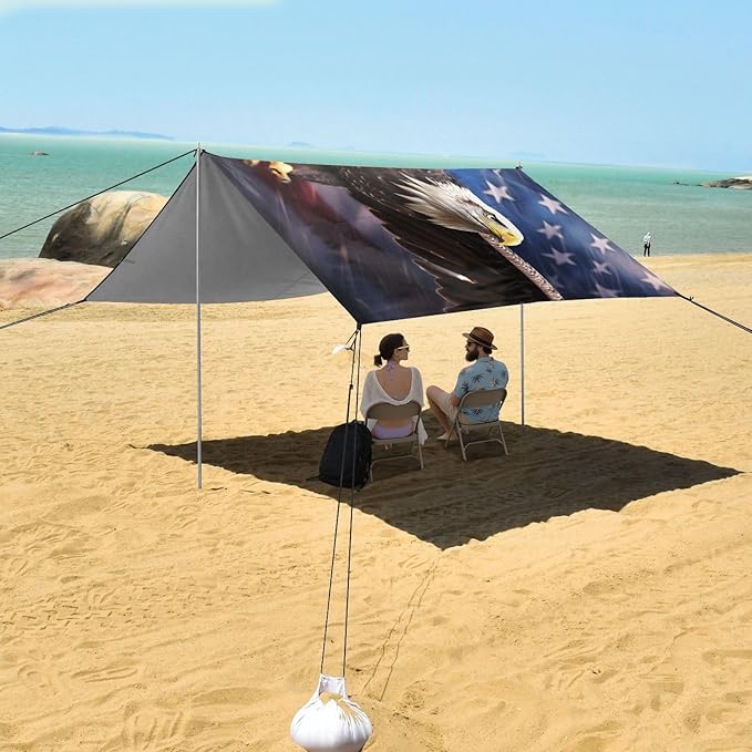 ALAZA Eagle USA American Flag Beach Tent Sun Shelter UPF50+ Protection Beach Shade Canopy w/ 4 Sandbags for Outdoor Camping Fishing Backyard Fun Picnic 10x9 ft