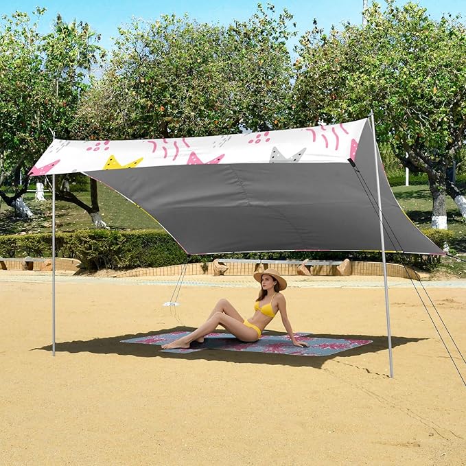 xigua Star Beach Tent Sun Shelter with Carrying Bag - Silver Coated Oxford Fabric Beach Canopy for Beach Camping Fishing - Includes Windproof Ropes Sandbags &amp Stakes