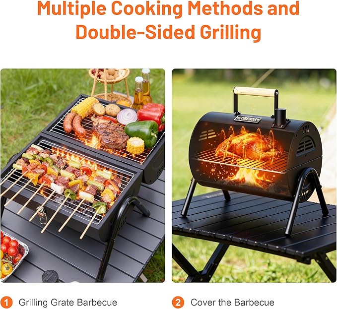 Portable Charcoal Grill with Warming Rack Wooden Handle Tabletop BBQ Grill for Outdoor Barbecue Camping Picnic Backyard Patio Black