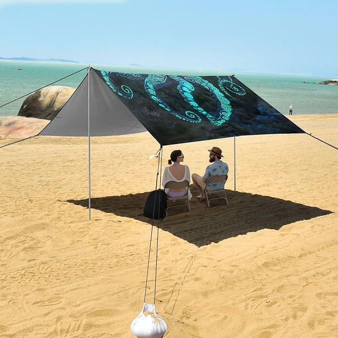 ALAZA Octopus Totem Tatto Beach Tent Sun Shelter UPF50+ Protection Beach Shade Canopy w/ 4 Sandbags for Outdoor Camping Fishing Backyard Fun Picnic 10x9 ft