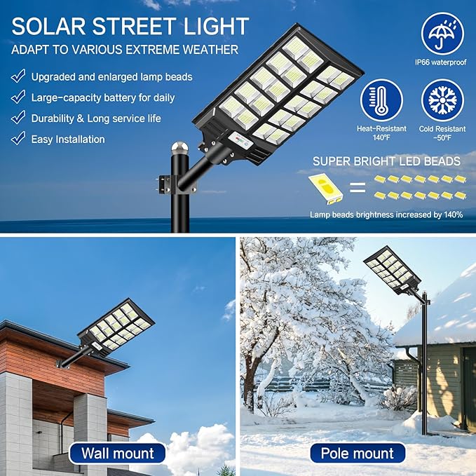 Solar Street Light 8000W Street Light Outdoor High Lumens Parking Lot Lights 6500K Solar Lights Outdoor Motion Sensor Dusk to Dawn for Parking Lot with Remote Control 1 Pack
