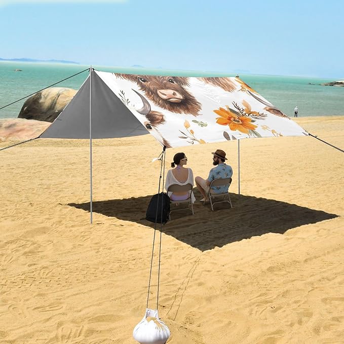 ALAZA Highland Cattle Flowers Pattern Beach Tent Sun Shelter Portable Canopy Sunshade for Outdoor Camping Picnics Backyard Fun 10x9 ft