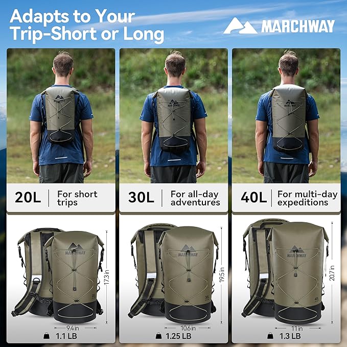 MARCHWAY Floating Roll Top Dry Bag Flexible Lightweight TPU Waterproof Backpack 20L/30L/40L with Padded Straps for Boating Kayaking Swimming Hiking Beach (Green 30L)