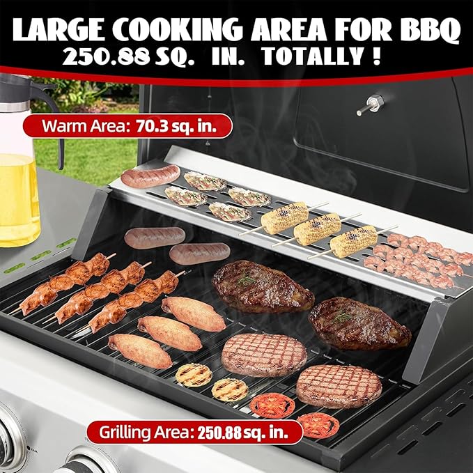 3 Burner Small Propane Gas Grill with Porcelain-Enameled Grates &amp Thermometer Stainless Steel 25650 Btu Small Gas Grills Outdoor Barbecue Grill Propane with Folding Side Tables &amp Wheels