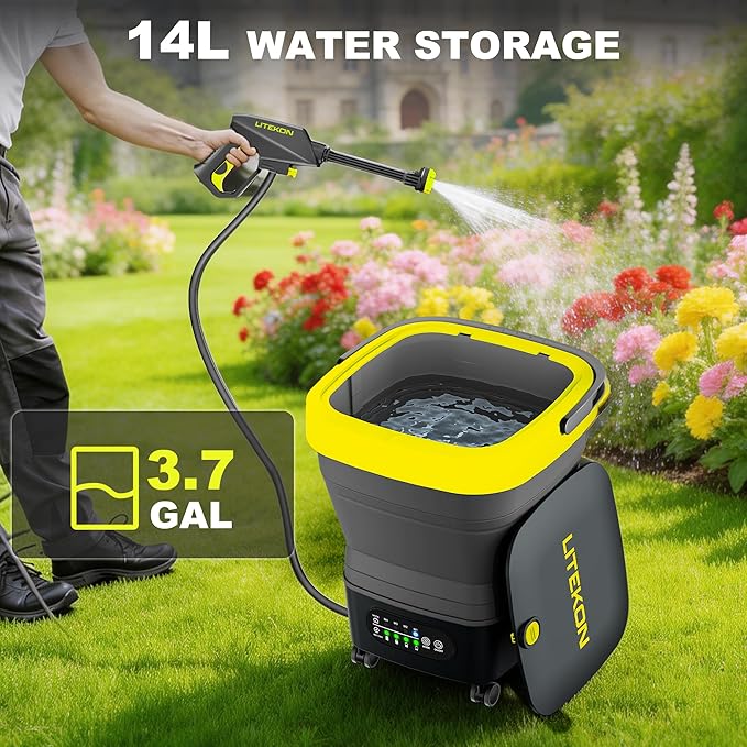 Litekon Portable Cordless Washer 2x5.0Ah Battery 4 Adjustable Model with 4.5Gal Tank 10FT Hose 6-in-1 Nozzle for Car WasherPatioCamping