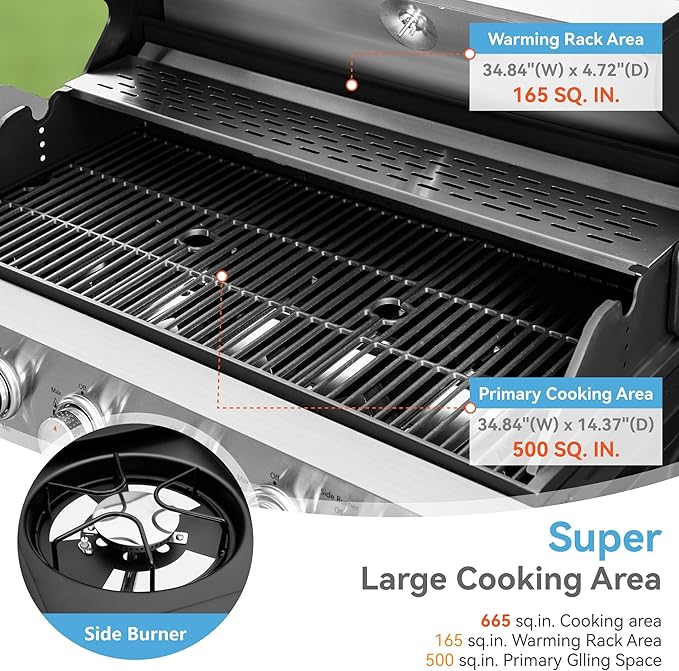 6 Burner Propane Gas BBQ Grill with Side Burner &amp Porcelain-Enameled Cast Iron Grate 65800 BTUs Barbecue Grill 665 Sq. In. Grilling Area Outdoor Propane Grill for Camping Patio Backyard Cooking