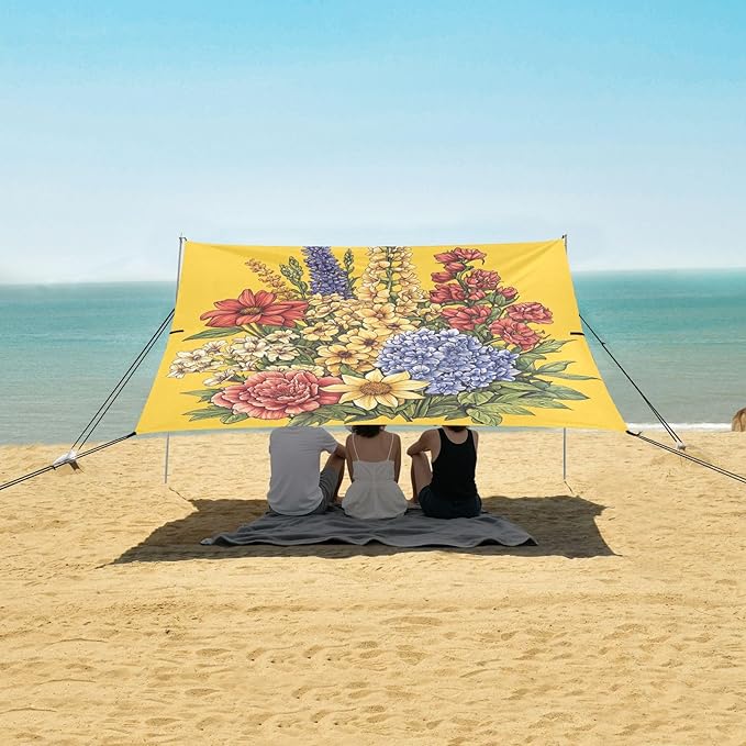 Flowers Bunch on Yellow Beach Cabana UPF50 Water-Resistant Large Sun Shelter with Sand Pockets for Camping Picnics Backyard