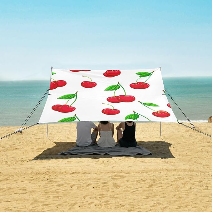 Beach Canopy with Windproof Ropes &amp Sandbags Beach Tent Sun Shade Sun Shelter for Camping Trips Fishing Backyard Fun or Picnics Red Cherries