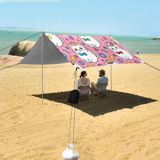 xigua Cat Beach Tent Sun Shelter with Carrying Bag - Silver Coated Oxford Fabric Beach Canopy for Beach Camping Fishing - Includes Windproof Ropes Sandbags &amp Stakes