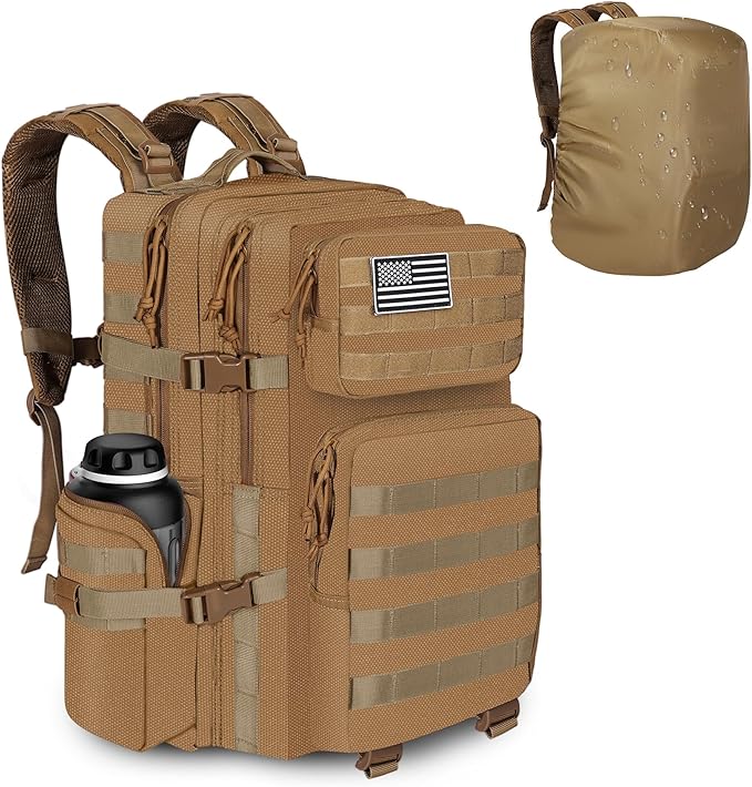 Military Tactical Backpack with Hidden Rain Cover 50L MOLLE Army Backpack for Men 3-Day Assault Rucksack for Trekking Heavy Duty Waterproof Pack Bag for Camping Hiking - Khaki