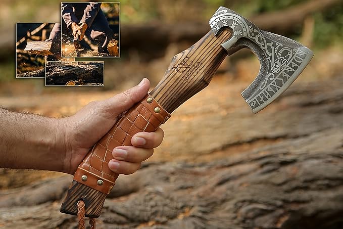 13” Inch Viking Axe- Ash Wood Handle Hatchets and Axes with Leather Wrap Wood Splitting Axe Camping Axe Throwing Axes and Tomahawks - Gift for Father’s Day Husband(Rare Viking)