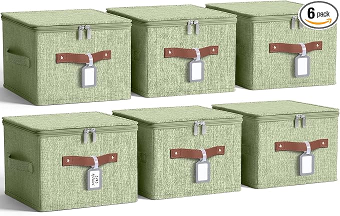 6 Pack Fabric Closet Storage Bins with Zipper Lids and Label 10×8×7In Large Size Foldable Cotton Linen Storage Cubes Boxes with PU Leather Handles Holders for Bedroom Shelf Nursery Green