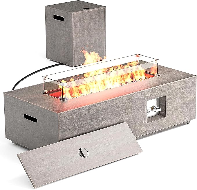42 Outdoor Fire Pit Table 50000 BTU Gas Fire Pit with Glass Wind Guard Fire Stones Waterproof Cover Propane Fire Pit Table for Outside Patio (Brown)