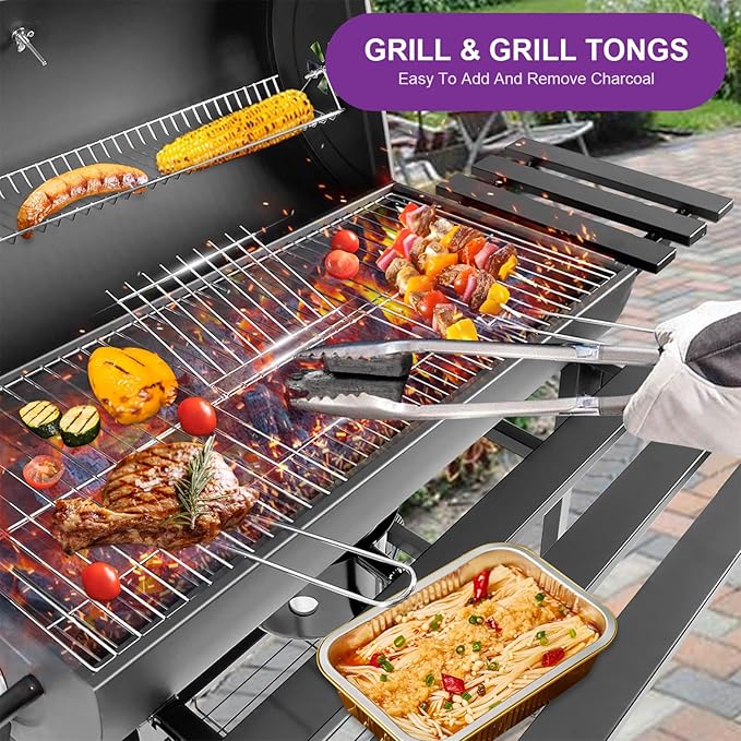Charcoal BBQ Grill with Thermometer &amp Foldable Side Table 565 sq in Cooking Space Large Charcoal Grills Barrel Charcoal Grills for Backyards Picnic Cookouts