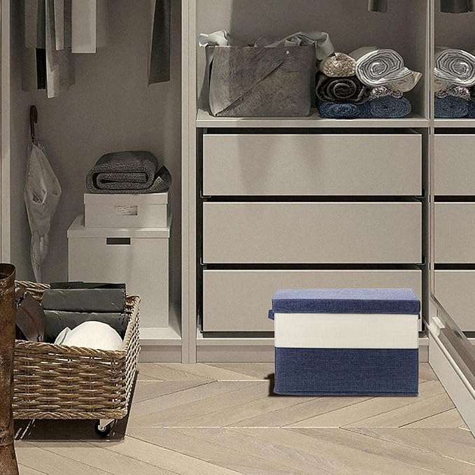 Alipis Cotton Linen Foldable Cloth Storage Bin with Lid 37.5x27.5x26cm Multipurpose Organizer Basket for Clothes Home Storage Container for Bedroom and Living Room