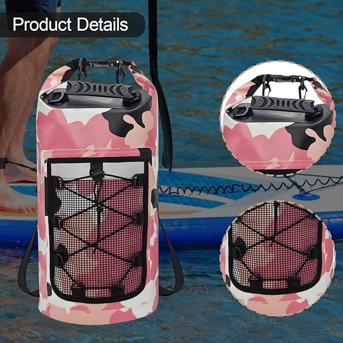 Waterproof Dry Bag Backpack with Mesh Pocket Storage Bag Versatile for Hiking Camping Kayaking Rafting Swimming Pink